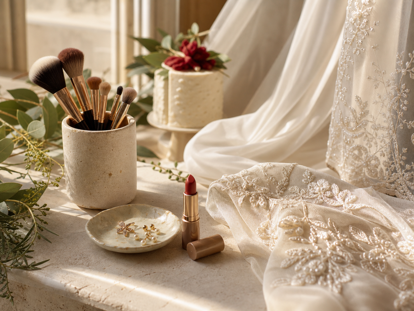 Bridal beauty, embroidered fabric and celebration styling details