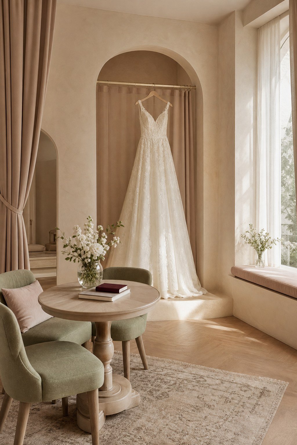 An intimate bridal consultation room with an ivory wedding gown